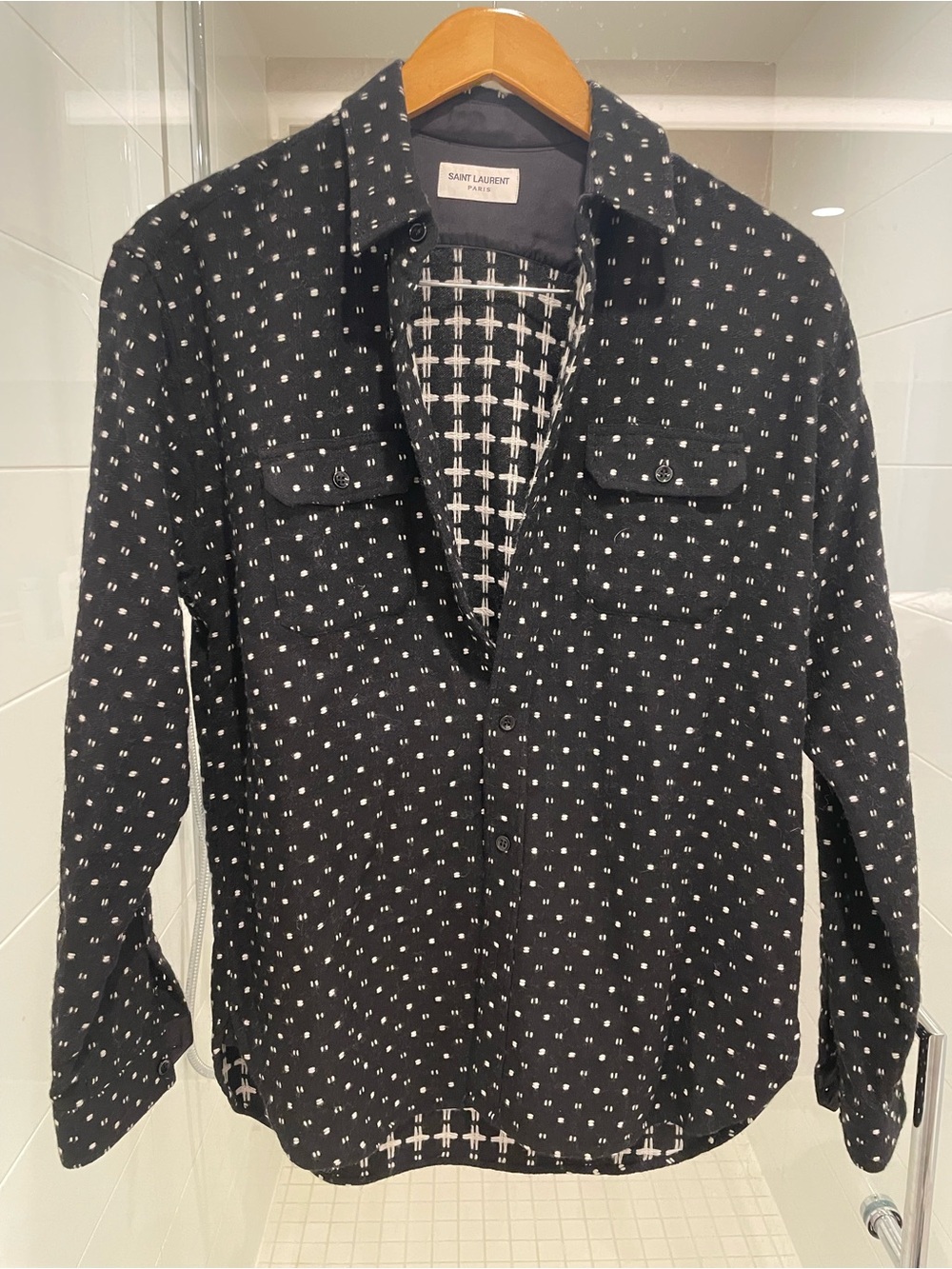 Yves Saint Laurent men’s Black & White Dot Button-Up Shirt